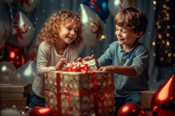 Fototapeta na wymiar Little children opening Christmas gifts at morning