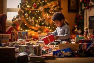 Fototapeta na wymiar African boy opening Christmas gifts in morning