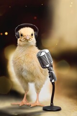 Cute crazy fluffy chick with headphones and a microphone.