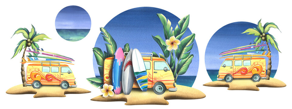A tropical island with van, surfboards, palm trees against the sky and sea. Watercolor illustration hand drawn. A bright and juicy isolated compositions on a white background