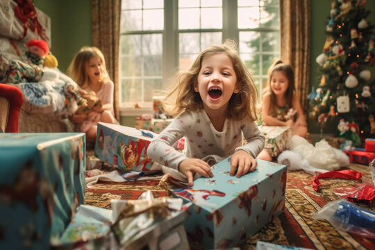 Little children opening Christmas gifts at morning