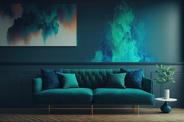 cozy living room with a comfortable sofa and a colorful painting hanging on the wall. Generative AI