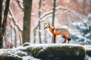 fox standing on a rock in a snowy forest