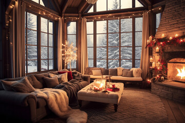 Stylish living room decorated for Christmas with fireplace at night