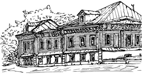 Drawing of abandoned the wooden house. Facade is decorated with a carved cornice with teeth, there is a carved door and a pediment in form of a kokoshnik. Was built in 1880, 2nd Krutitsky lane, Moscow