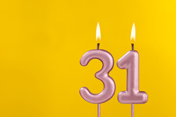 Candle 31 with flame - Birthday card on yellow luxury background