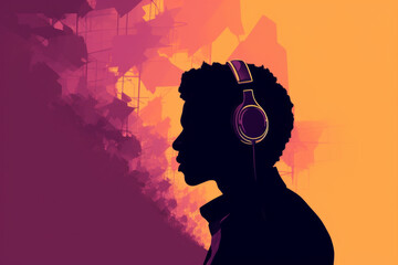 An illustration of a male silhouette wearing over-ear headphones. the idea of music and technology as a source of inspiration and relaxation. Generative AI Technology.