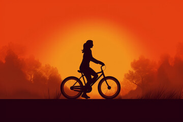 A girl on a bike rides into the sunset against a beautiful natural landscape. Generative AI Technology.