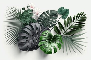 various tropical leaves isolated on a white background. Generative AI