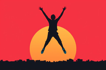 Silhouette of a person jumping with arms wide open, symbolizing the idea of lightness and youthfulness. Sports, fitness, vitality, and adventure. Generative AI Technology.