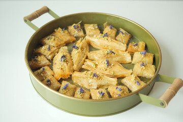 handmade turkish dessert baklava on table 