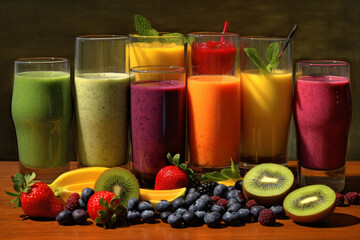 Range of colorful fruit smoothies on a table, surrounded by a variety of fresh and juicy fruits. Healthy eating, diet, nutrition, wellness, or summer fun. Generative AI Technology.