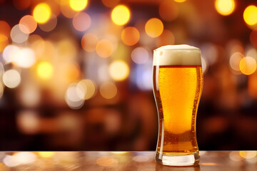 glass of beer on a table in a bar on blurred bokeh background