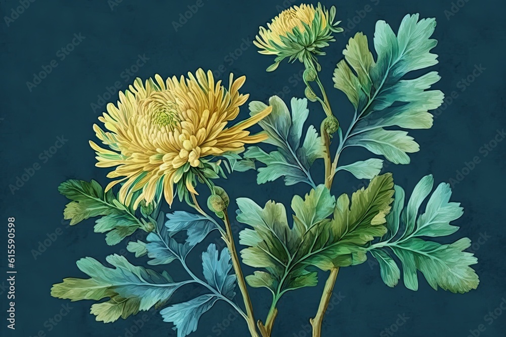 Wall mural vibrant yellow flower with lush green leaves. Generative AI