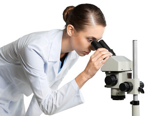 Female Scientist , Researcher , Doctor Using Microscope