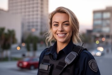 Portrait of a beautiful police woman on the street at sunset. - obrazy, fototapety, plakaty