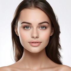 Obraz premium Illustration, Generative AI. A young beautiful woman with excellent skin and natural makeup.