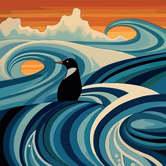 Captivating hand-painted poster in the Art Deco style, portraying a Penguin on the polar ice cap