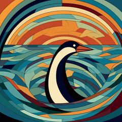 Eye-catching Art Deco-inspired poster featuring a meticulously hand-painted depiction of a Penguin