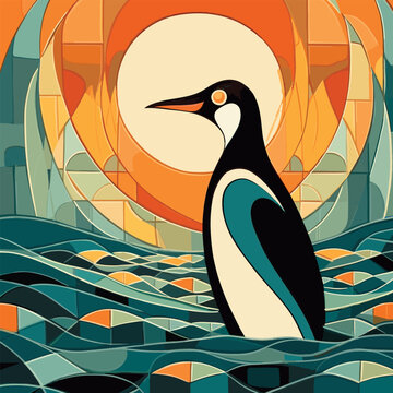 Stunning hand-painted Art Deco poster showcasing a Penguin on the polar ice cap in Antarctica
