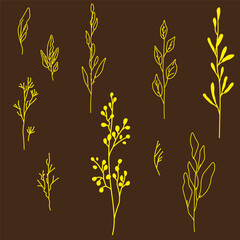 Vector set of plant and leaf silhouettes, Vector isolated on dark background for invitation, greeting card, date saving, for patterns and prints