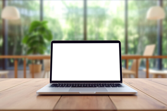 Open laptop computer on a white screen in a wooden floor with a blurred office background, glass and blurred background