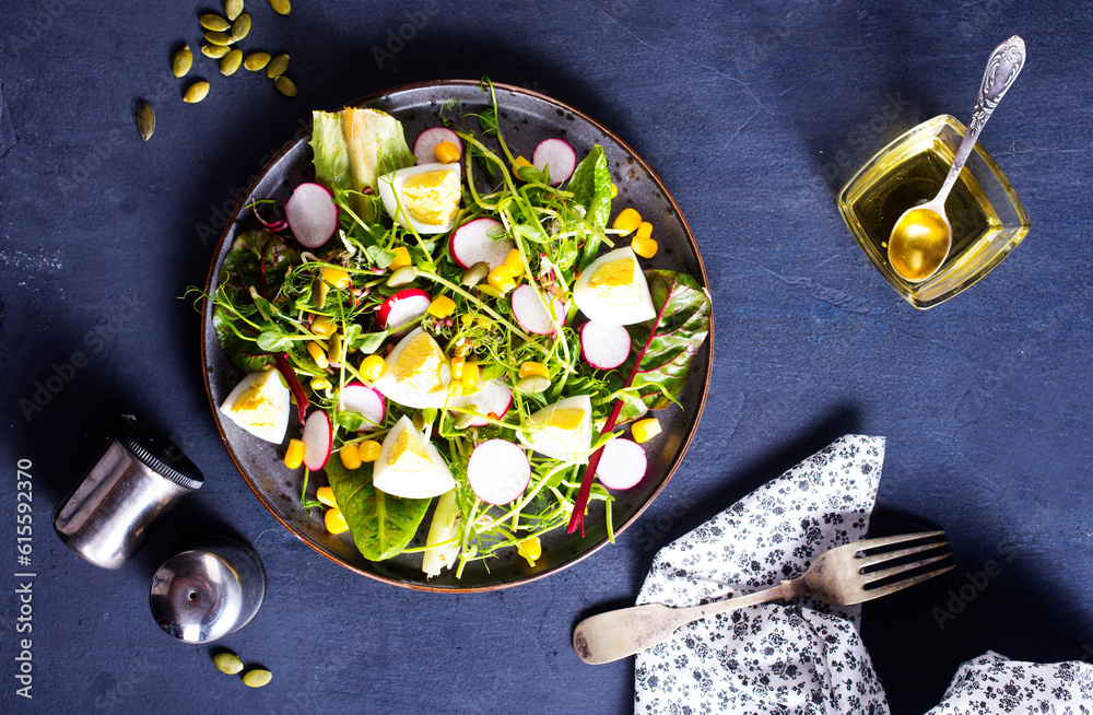 Sticker spring green salad with egg, radish and onion