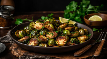 A plate of crispy and flavorful roasted Brussels sprouts, seasoned with herbs and spices