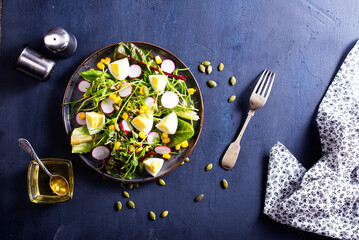Spring green salad with egg, radish and onion