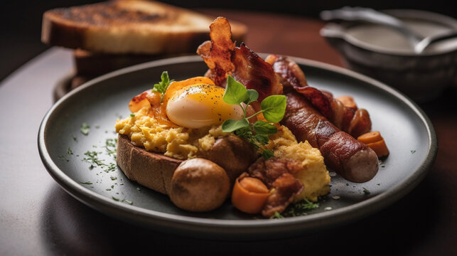 A beautifully plated brunch dish with scrambled eggs, bacon, sausages and toasted bread