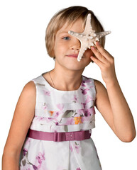 Close-up of cute little girl with seashell isolated on white background