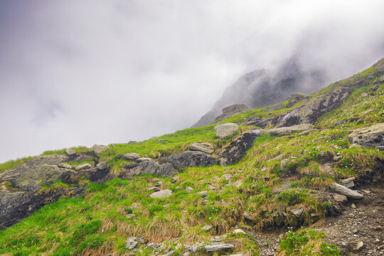 stones and boulders on the hill. outdoor adventures in the fog. mountainous landscape of romania in summer