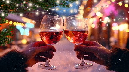 Christmas holiday  celebrating people,friends party  with glass of wine cheers,at enening winter in city cafe promenade,generated ai