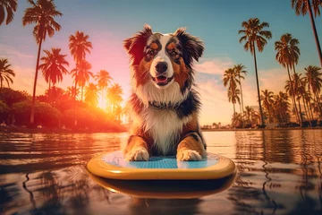 Fotobehang Australian shepherd aussi dog on sup board. Sunset and palms at background. Generative AI © Milky Way