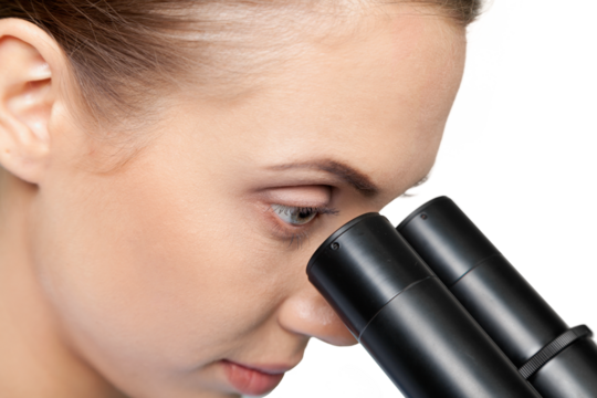 Young Female Scientist Working with Microscope on white background