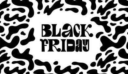 Black Friday Sale Banner Design. Hand Drawn Y2K Text on White Background with Black Shapes Splashes. Vector Advertising Illustration