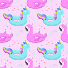 Inflatable swimming circle with a blue unicorn, flamingo. Inflatable rubber toys for water and beach. Seamless vector pattern on summer and marine themes.