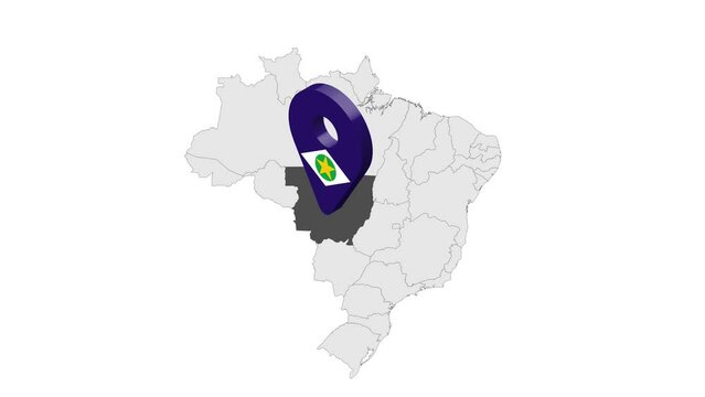 Location State of Mato Grosso on map Brazil. 3d Mato Grosso flag map marker location pin. Map of  Brazil showing different parts. Animated map States of Brazil. 4K.  Video