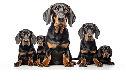 Black and Tan Coonhound United Pack: Dogs Sitting in a Group on White Background