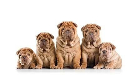 Chinese Shar-Pei Dog Family. Dogs Sitting in a Group on White Background