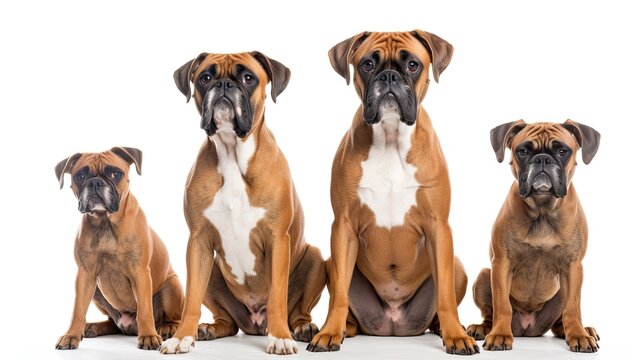 Boxer Dog Family. Dogs Sitting in a Group on White Background