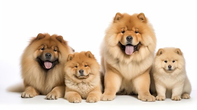 Chow Chow Dog Family. Dogs Sitting in a Group on White Background