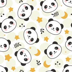 Cute panda bears on a hand drawn yellow dots texture background with orange stars and moon, stems, kids seamless pattern background for boy and girl. Wrapping paper design, fabric and textile print © CandyLama