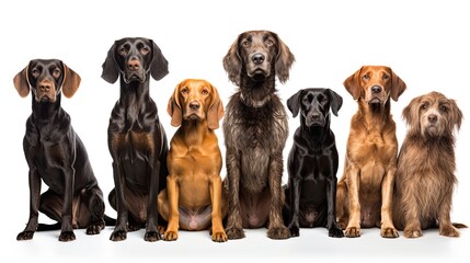 Harrier Dog Family. Dogs Sitting in a Group on White Background