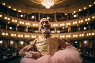 Fototapeta na wymiar Old man dancing ballet in a theater. He is smiling and looking at the camera.