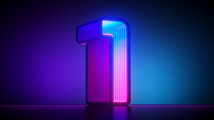 Number Four futuristic digital symbol, pink blue gradient neon light glowing in the dark. 3d rendering. 