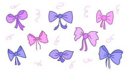 Set of vector cartoon bows and ribbons of different shapes and sizes in pink and purple colors