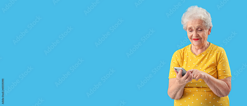 Poster senior woman in yellow dress using mobile phone on light blue background with space for text