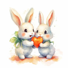 two cute happy smiling little rabbit, kissing each other