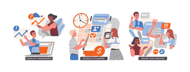 Team management set. Employees develop business plan and strategy, productive online meetings. People propose ideas, organize project and manage conflict at workplace. Cartoon flat vector illustration